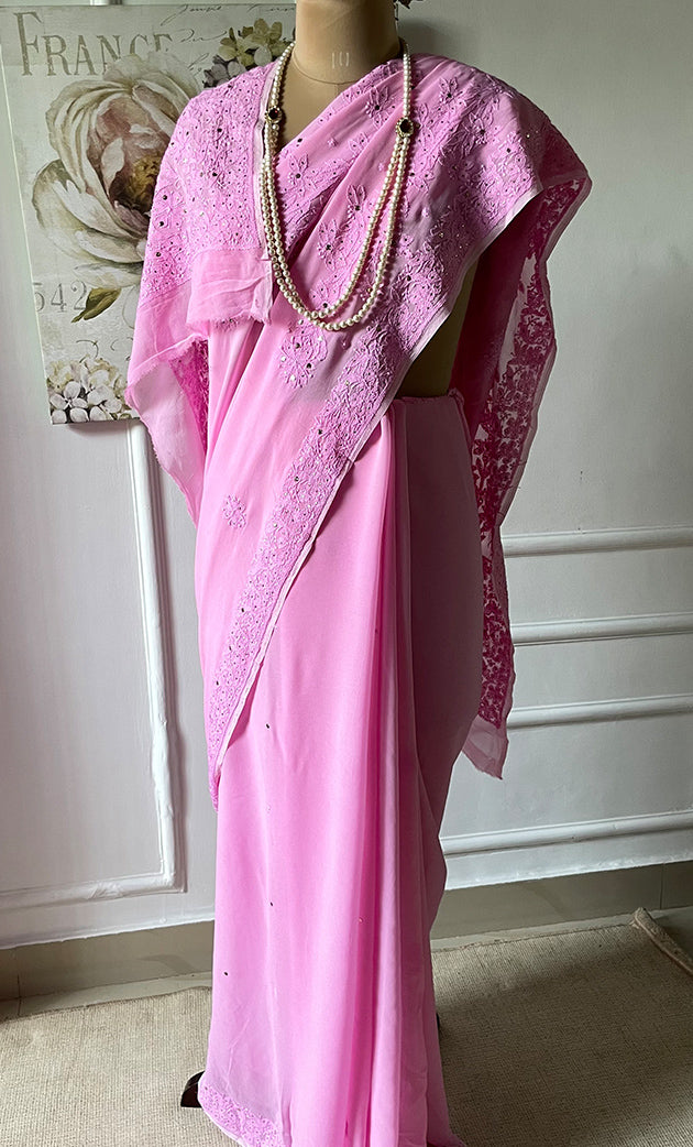 Women's Lakhnavi Handcrafted Viscose Georgette Chikankari Saree - HONC0307136