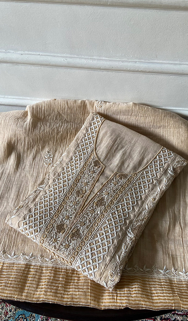 Women's Lakhnavi Handcrafted Tissue Chanderi Semi-Stitched Kurta And Dupatta Set - HONC0352165