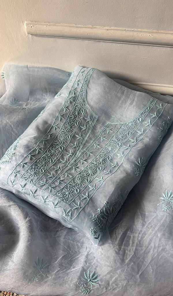 Women's Lakhnavi Handcrafted Pure Organza Chikankari Unstitched Kurta And Dupatta Set- HONC0365704