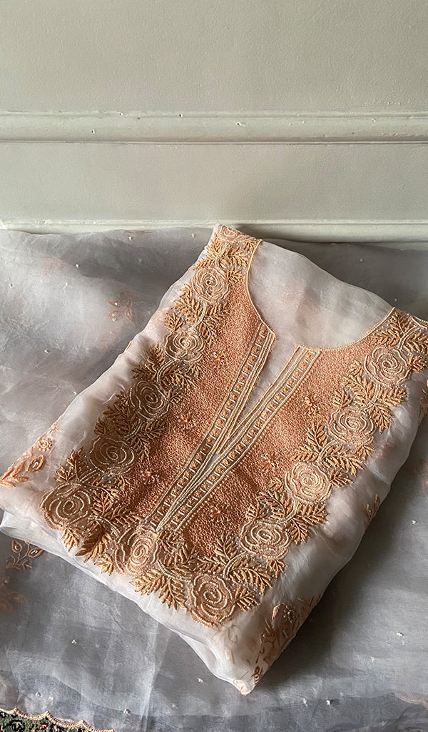 Rose Women's Lakhnavi Handcrafted Pure Organza Chikankari Unstitched Kurta And Dupatta Set- HONC0340809