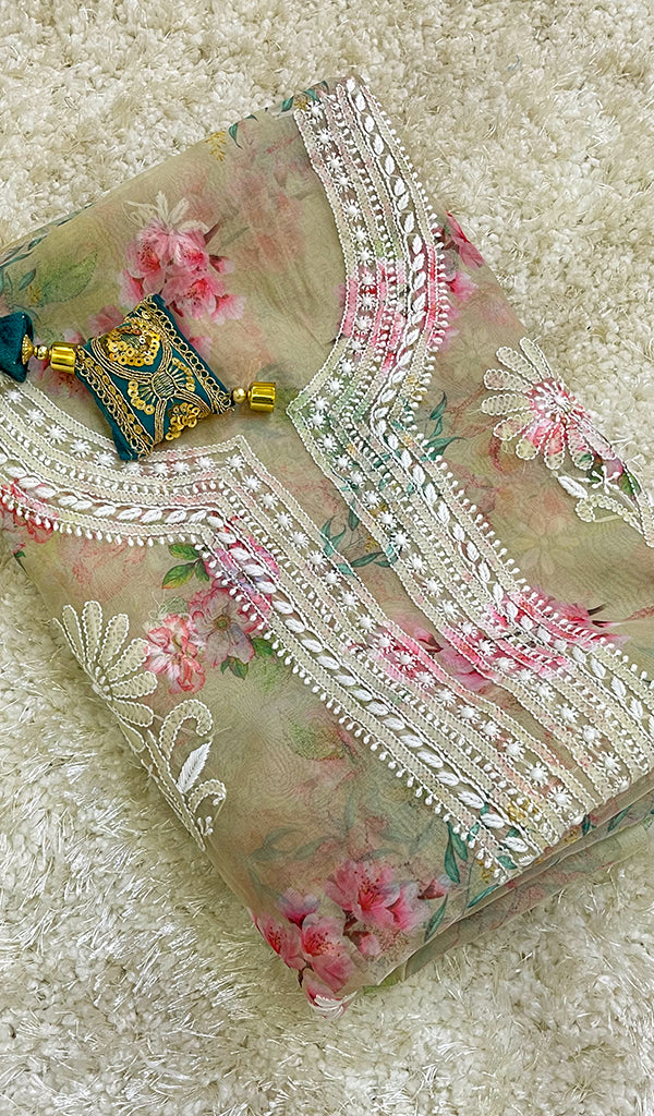 Women's Lakhnavi Handcrafted Organza Chikankari Unstitched Kurti Fabric -  HONC0166683