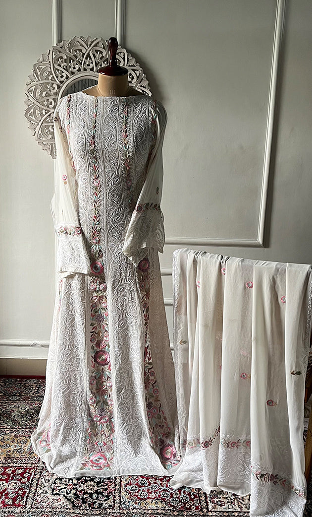 Women's Lakhnavi Handcrafted Pure Silk Georgette Unstitched Chikankari Anarkali And Dupatta Set- HONC0313288