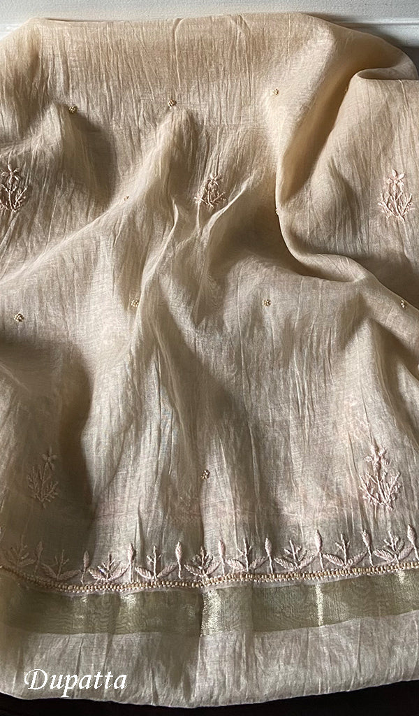Women's Lakhnavi Handcrafted Mul Chanderi Unstitched Chikankari Full Suit Material - HONC0345039