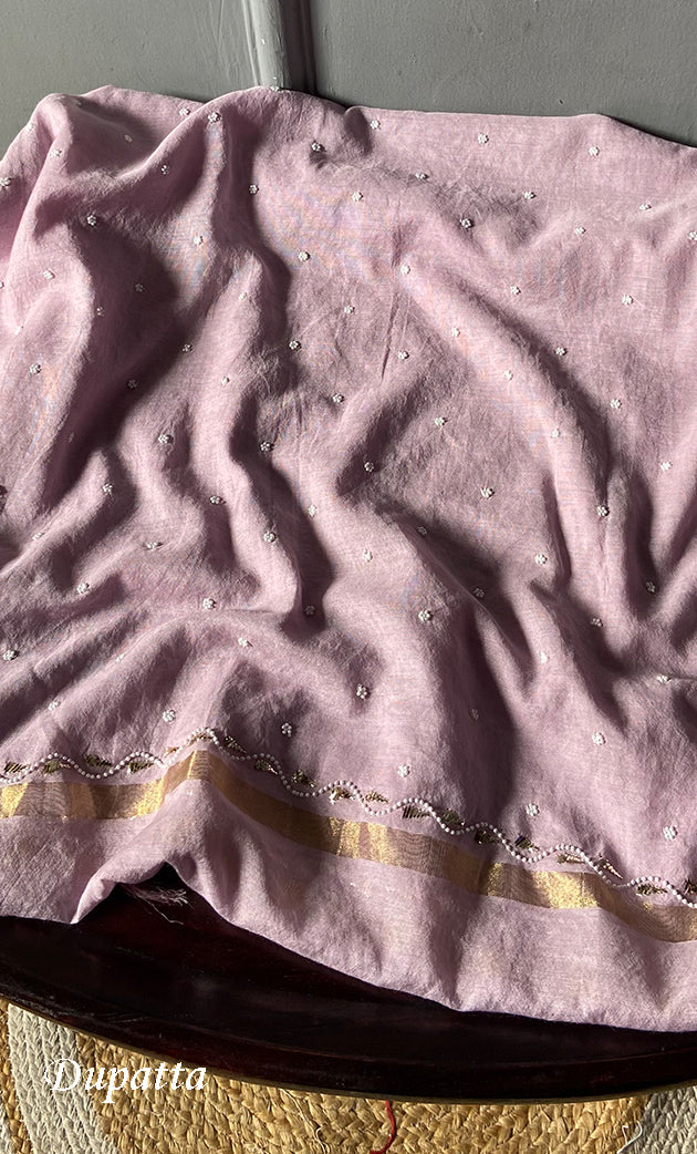 Women's Lakhnavi Handcrafted Mul Chanderi Unstitched Chikankari Full Suit Material - HONC0311952