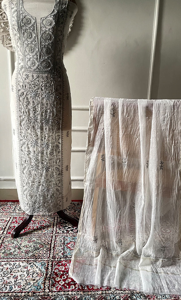 Women's Lakhnavi Handcrafted Unstitched Mul Chanderi Kurta And Dupatta Set - HONC0327483