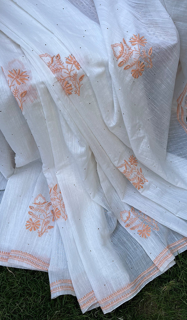 Women's Lakhnavi Handcrafted Chanderi silk Chikankari Saree - HONC0201160