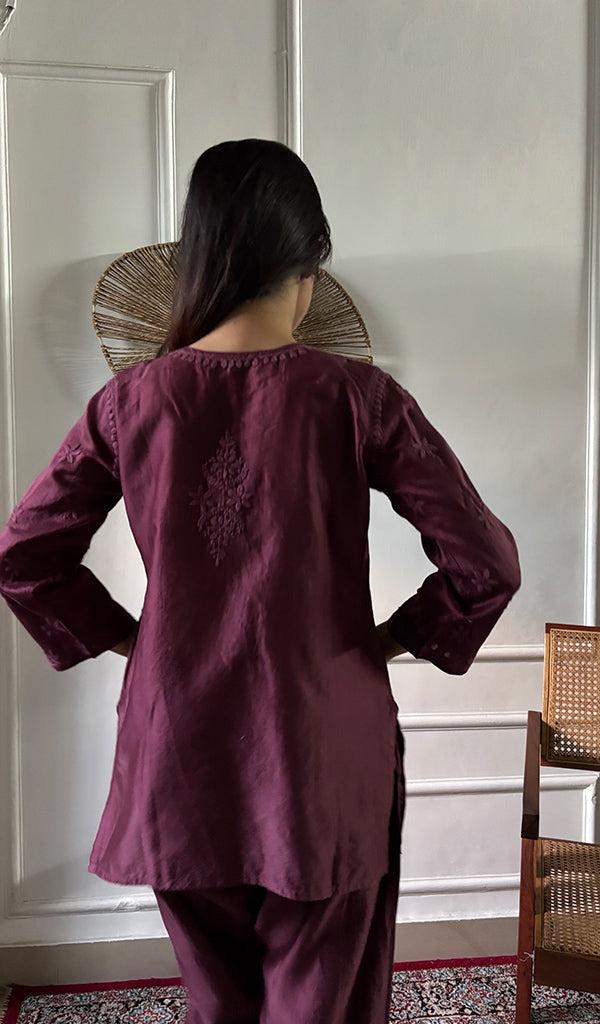 Women's Lakhnavi Handcrafted Chanderi Silk Chikankari Top And Pant Set - HONC0358278