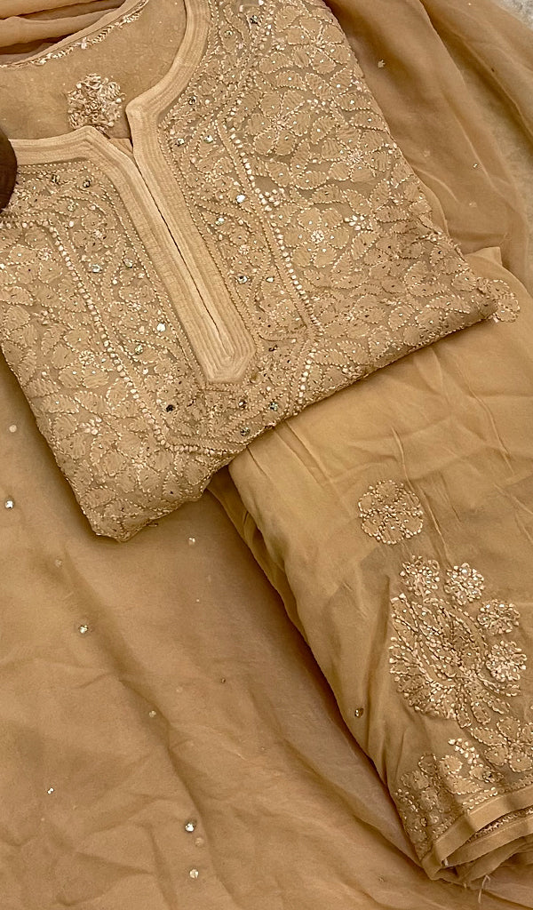 Women's Lucknowi Handcrafted Viscose Georgette Chikankari Kurta Gharara With Dupatta Set -HONC0132910