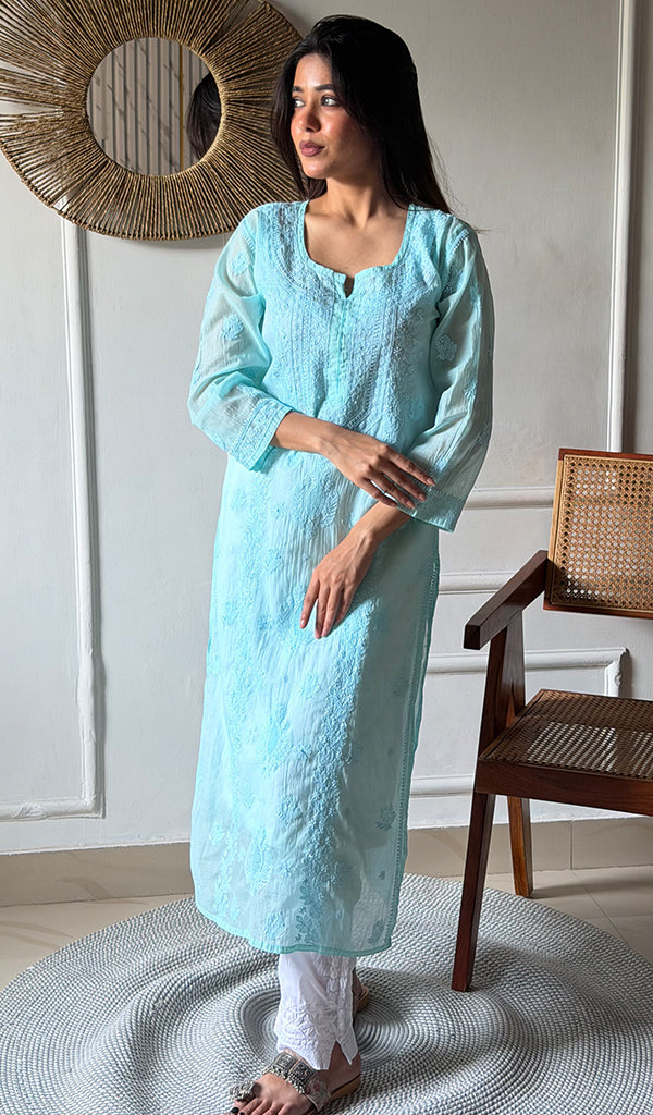 Arezo Women's Lucknowi Handcrafted Mul Chanderi Chikankari Kurti - HONC0345736