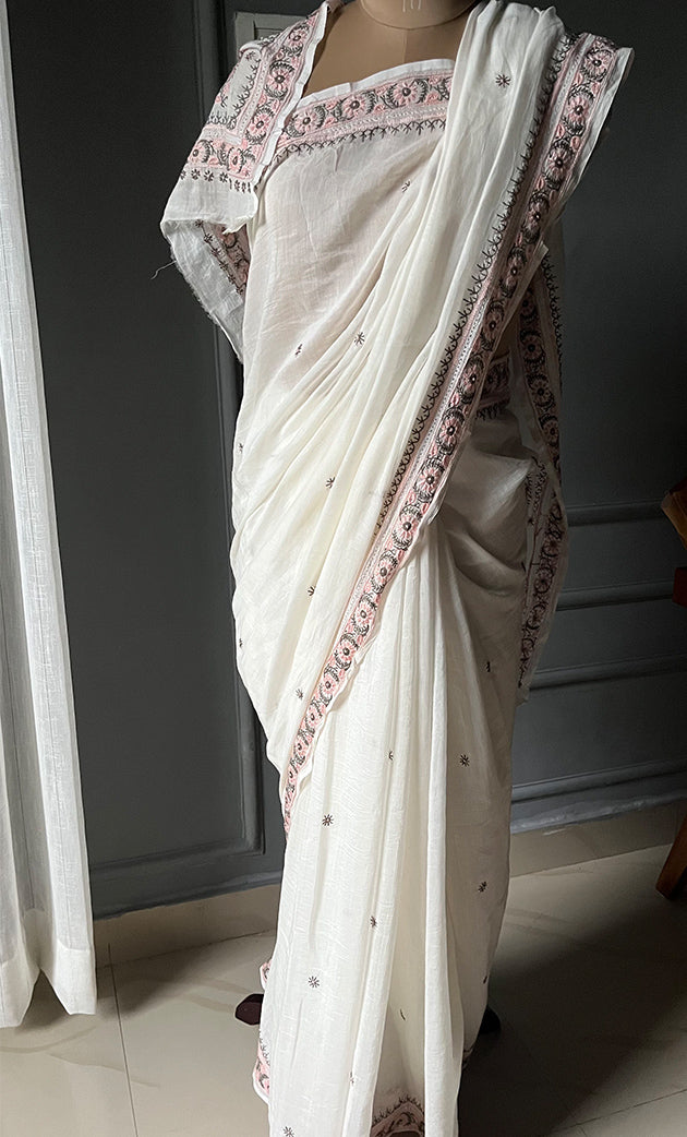 Women's Lakhnavi Handcrafted Mul Chanderi Chikankari Saree - HONC0301813