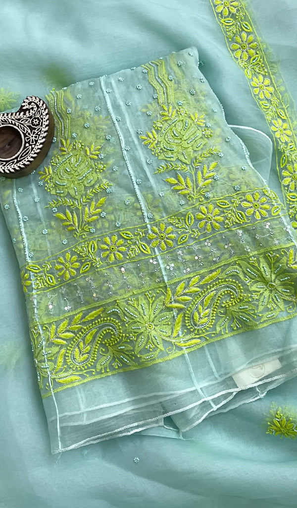 Women's Lucknowi Handcrafted Pure Organza Silk Chikankari Kurta Dupatta Set - HONC0144769