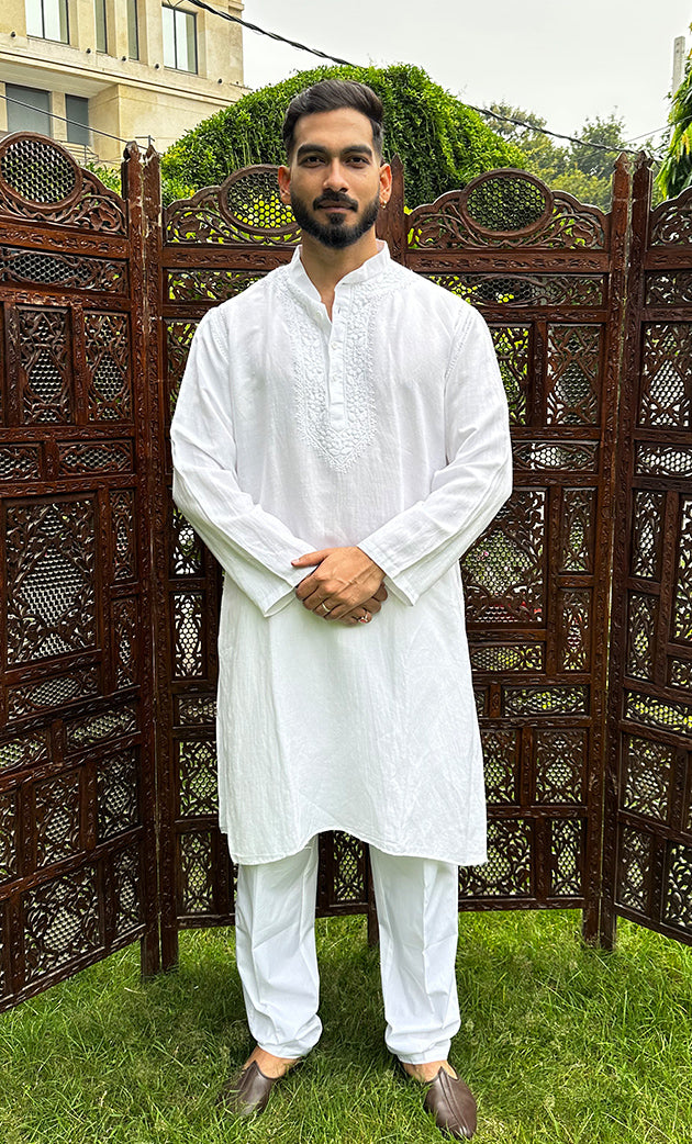 Men's Lucknowi Handcrafted Cotton Chikankari Kurta - HONC0253043