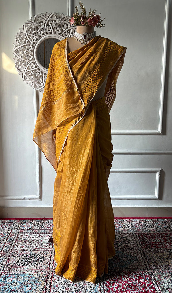 Women's Lakhnavi Handcrafted Tissue Chanderi Chikankari Saree - HONC0339781