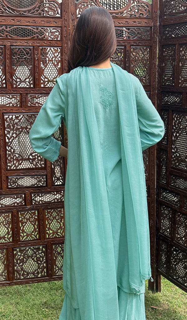 Women's Lakhnavi Handcrafted Modal Cotton Chikankari Kurta Dupatta And Palazzo Set - HONC0247742