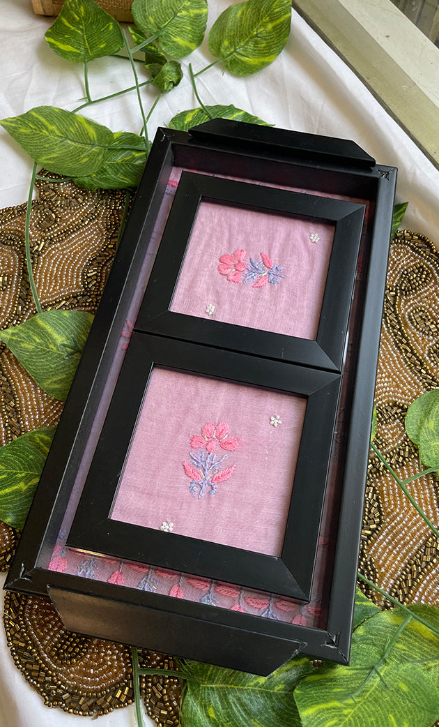 Handcrafted Chikankari Tray with Two Coasters – Wooden Frame - HONC0310956