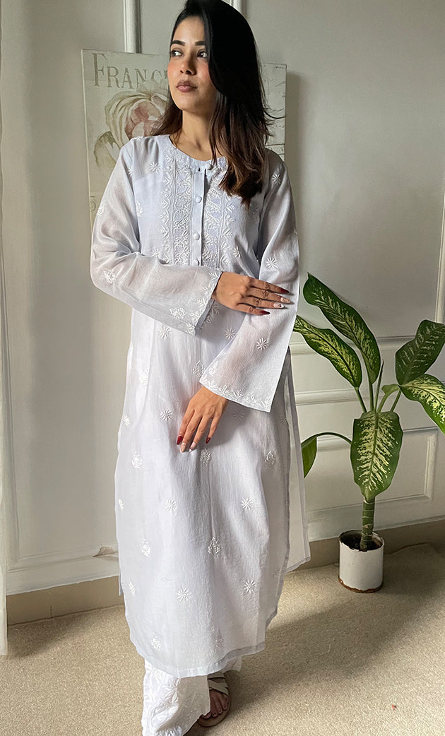 Amayra Women's Lucknowi Handcrafted Maheshwari Mul Chanderi Chikankari Kurti - HONC0300053