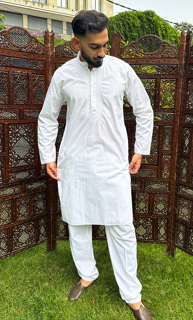 Men's Lucknowi Handcrafted Cotton Chikankari Kurta And Pant Set - HONC0289319