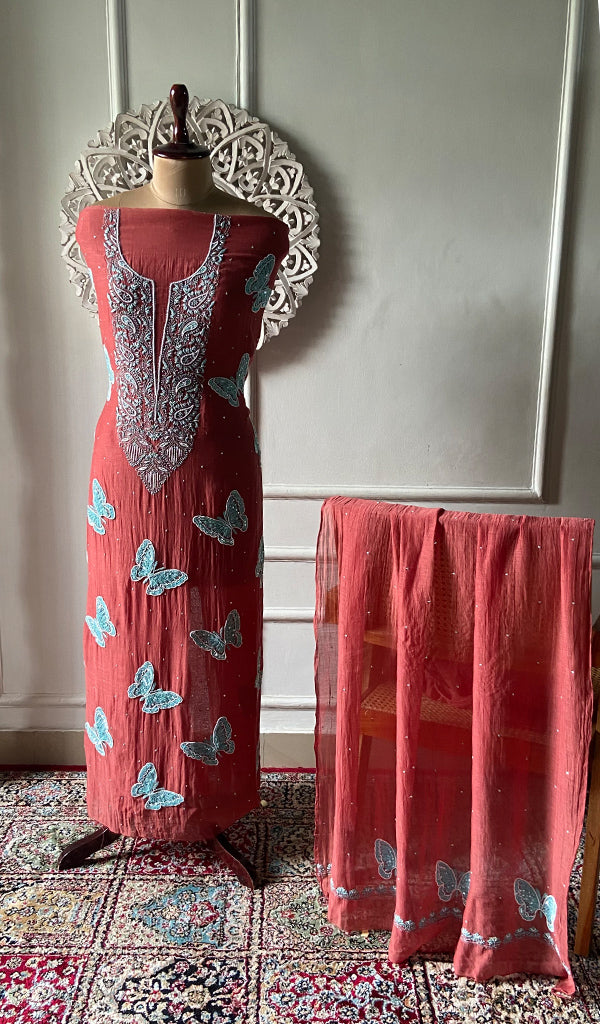 Titlee Women's Lakhnavi Handcrafted Mul Chanderi Unstitched Chikankari Full Suit Material - HONC0312077