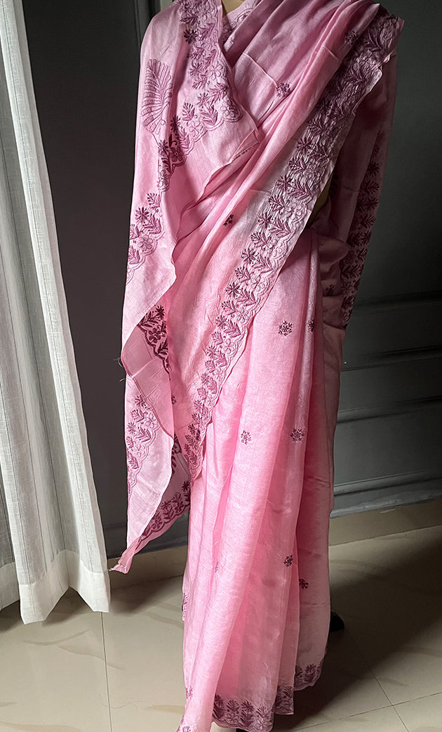 Women's Lakhnavi Handcrafted Tussar Silk Chikankari Saree - HONC0284161