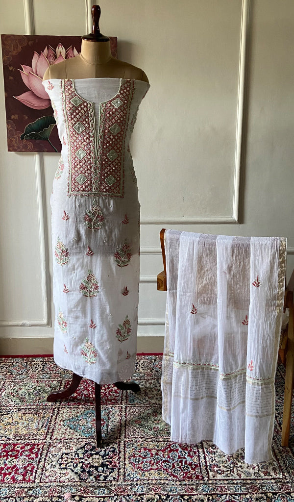 Rashi Women's Lakhnavi Handcrafted Mul Chanderi Unstitched Kurta And Dupatta Set - HONC0355685