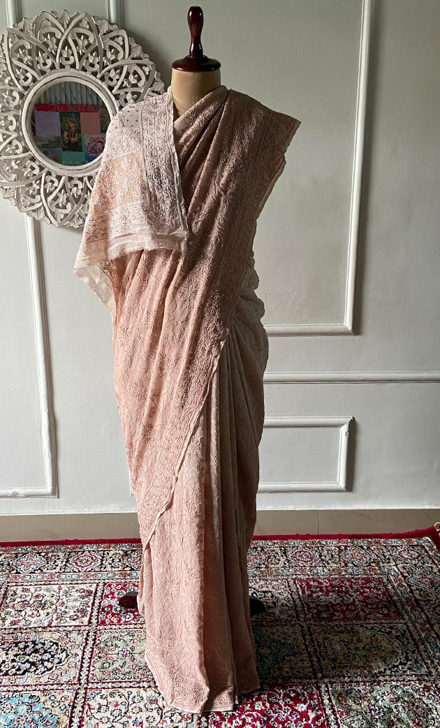 Women's Lakhnavi Handcrafted Pure Silk Georgette Chikankari Saree - HONC00327291