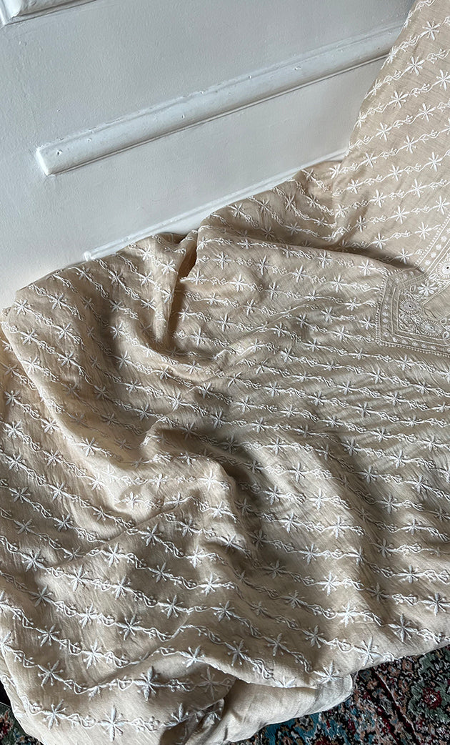 Lucknowi Handcrafted Munga Silk Chikankari Unstitched Men's Kurta Fabric - HONC0337756