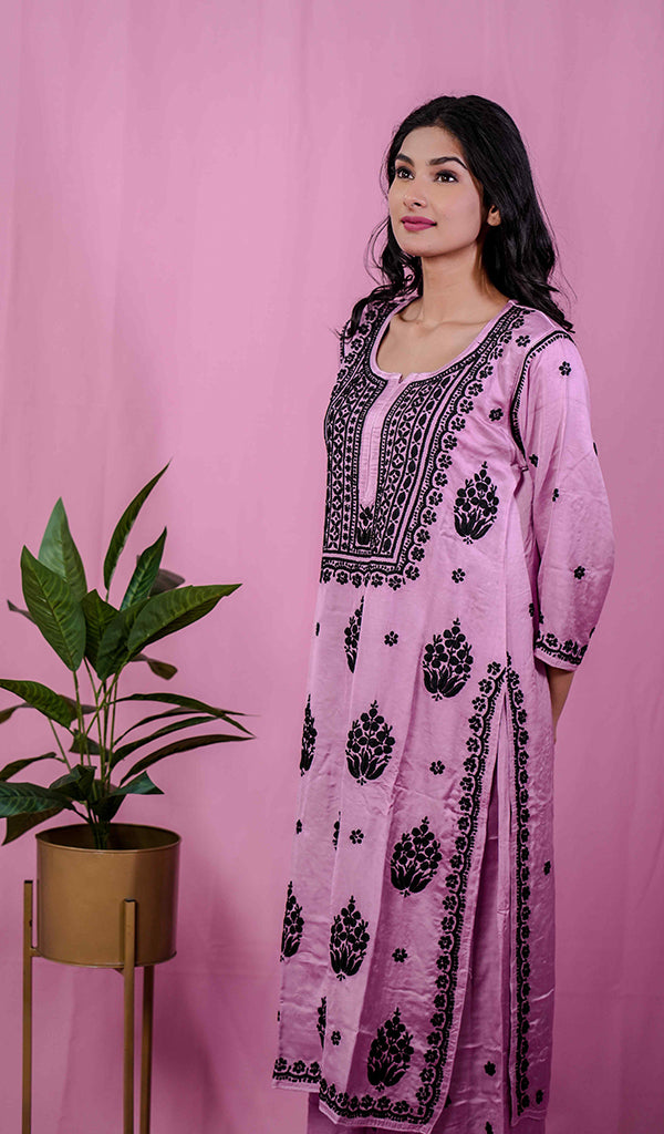 Women's Lakhnavi Handcrafted Modal Cotton Chikankari Kurta And Palazzo Set - HONC0205177