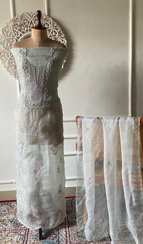 Women's Lakhnavi Handcrafted Pure Organza Chikankari Unstitched Kurta And Dupatta Set- HONC0335078