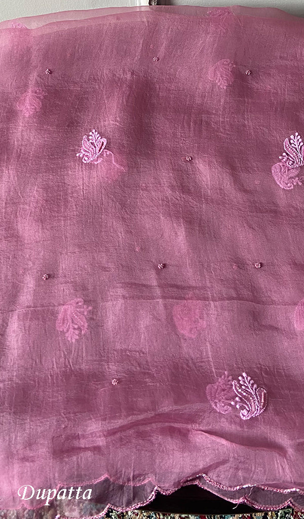 Women's Lakhnavi Handcrafted Pure Organza Chikankari Unstitched Kurta And Dupatta Set- HONC0324982