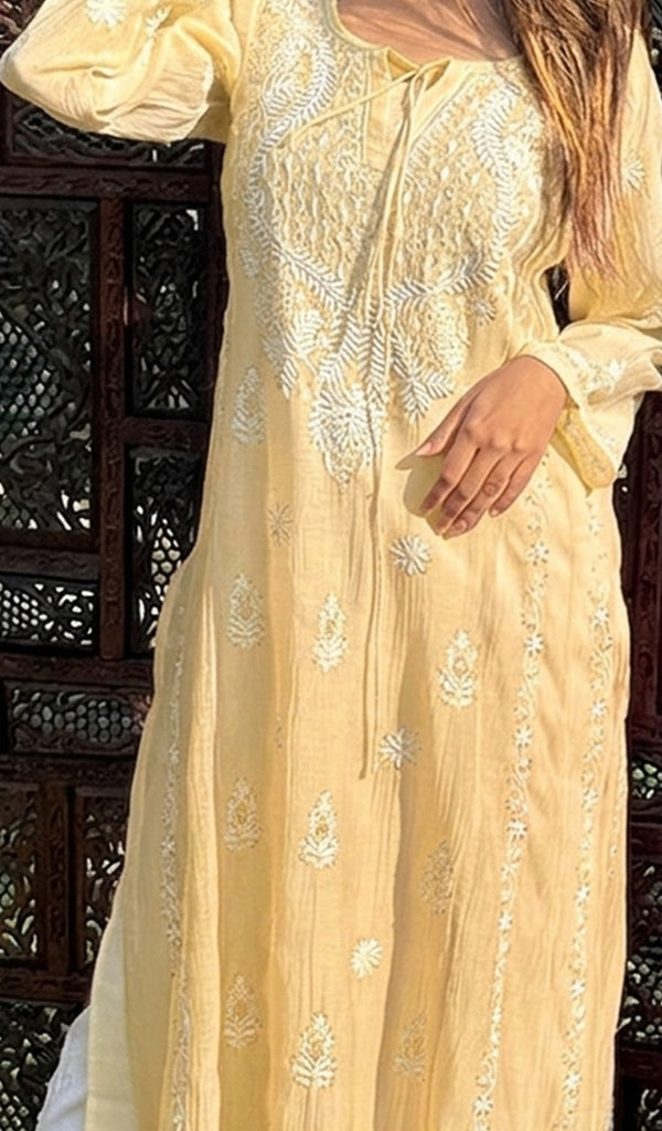 Nafasat Women's Lucknowi Handcrafted Mul Chanderi Chikankari Kurti - HONC0256466