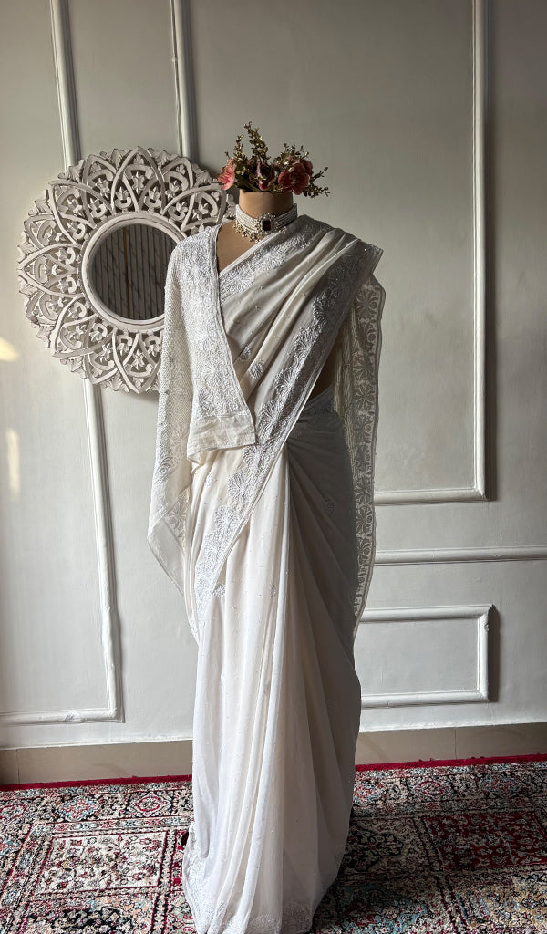 Women's Lakhnavi Handcrafted Pure Silk Georgette Chikankari Saree- HONC0325906