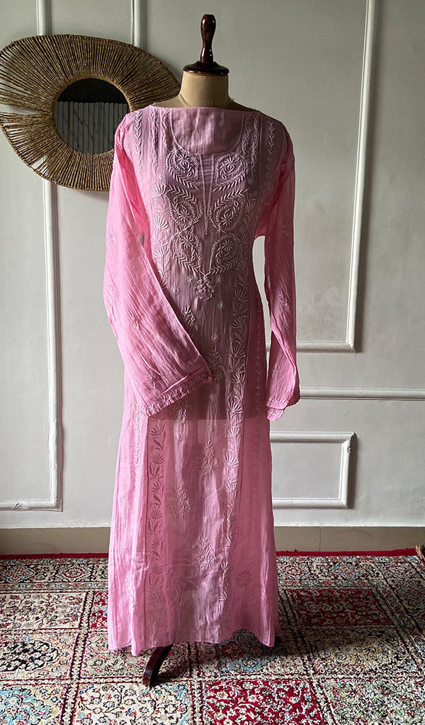 Women's Lakhnavi Handcrafted Mul Chanderi Chikankari Unstitched Kurti Fabric - HONC0311869