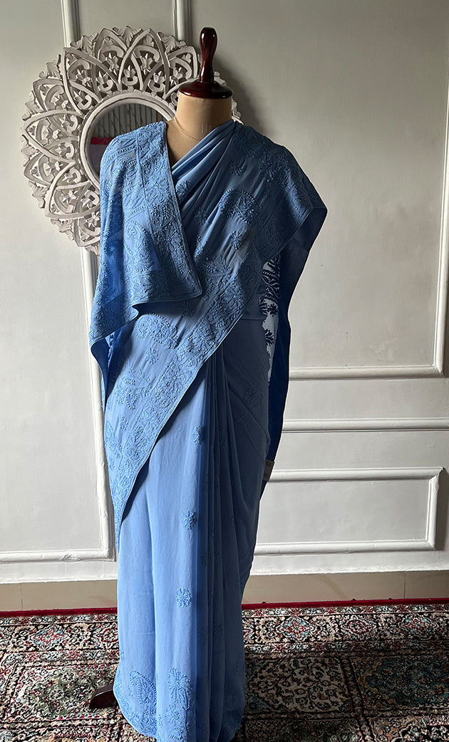 Women's Lakhnavi Handcrafted Pure Silk Georgette Chikankari Saree - HONC0318707