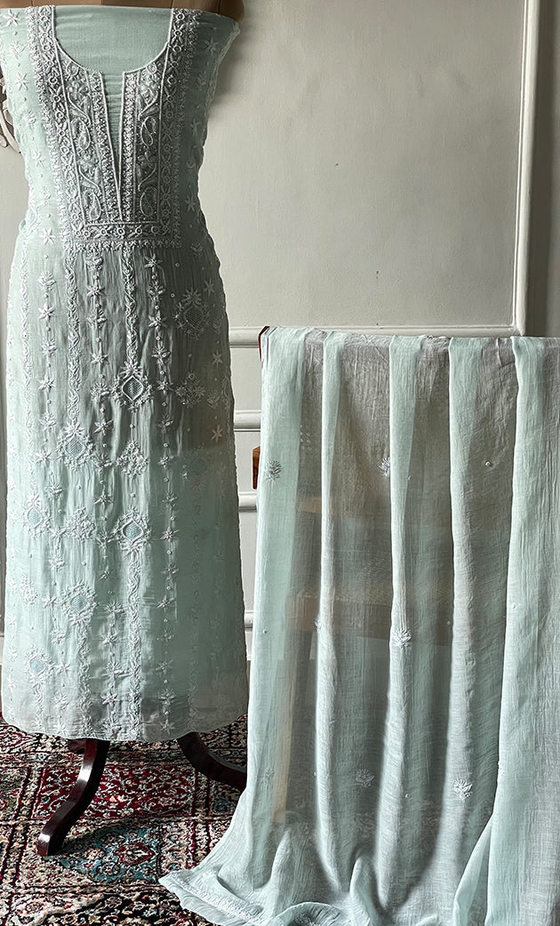 Women's Lakhnavi Handcrafted Unstitched Mul Chanderi Kurta And Dupatta Set - HONC0329040