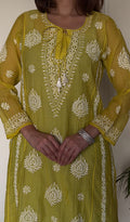 Ira Women's Lucknowi Handcrafted Mul Chanderi Stitched Chikankari Kurta And Plazzo Set .