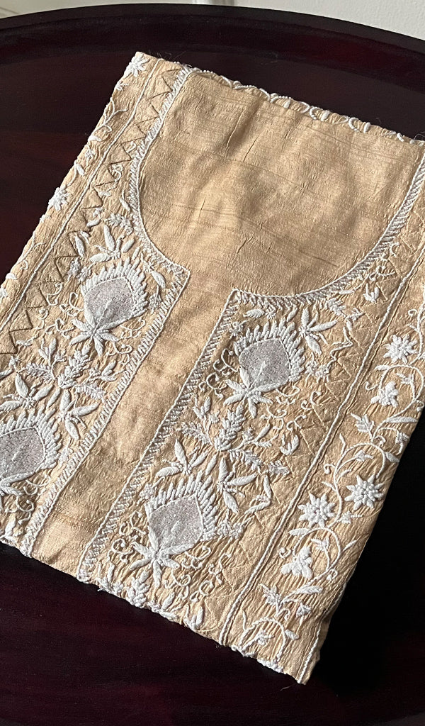 Women's Lakhnavi Handcrafted Tussar Silk Chikankari Semi-stitched Kurti Fabric - HONC0246177