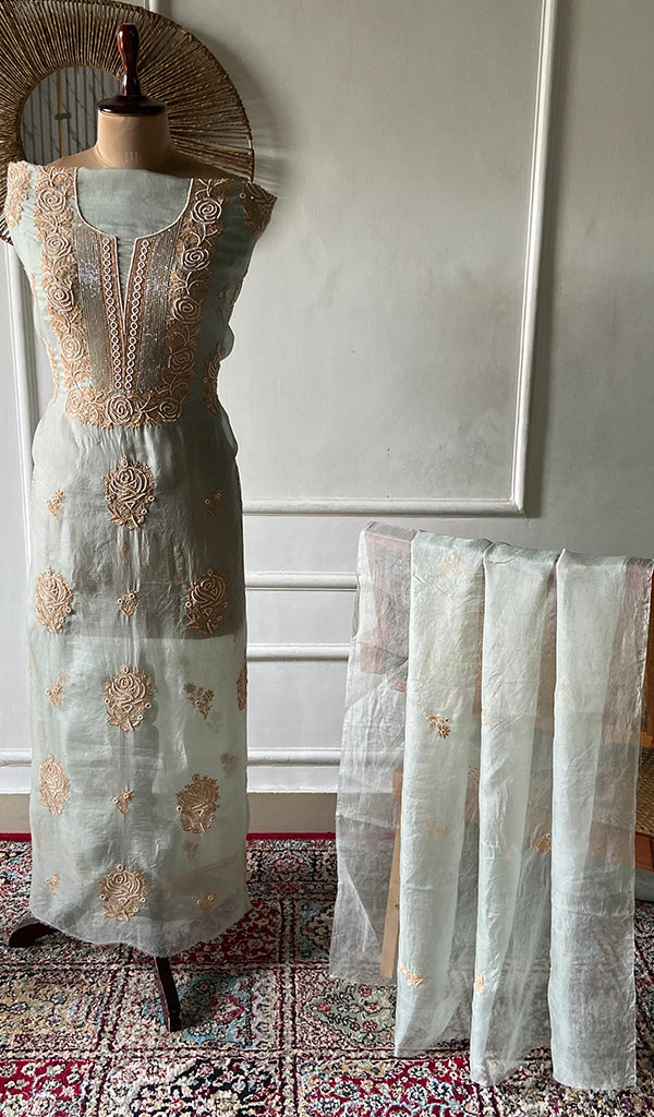 Women's Lakhnavi Handcrafted Pure Organza Chikankari Unstitched Kurta And Dupatta Set - HONC0352112