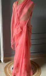 Load image into Gallery viewer, Women&#39;s Lucknowi Handcrafted Pure Organza Silk Chikankari Saree - HONC0297168
