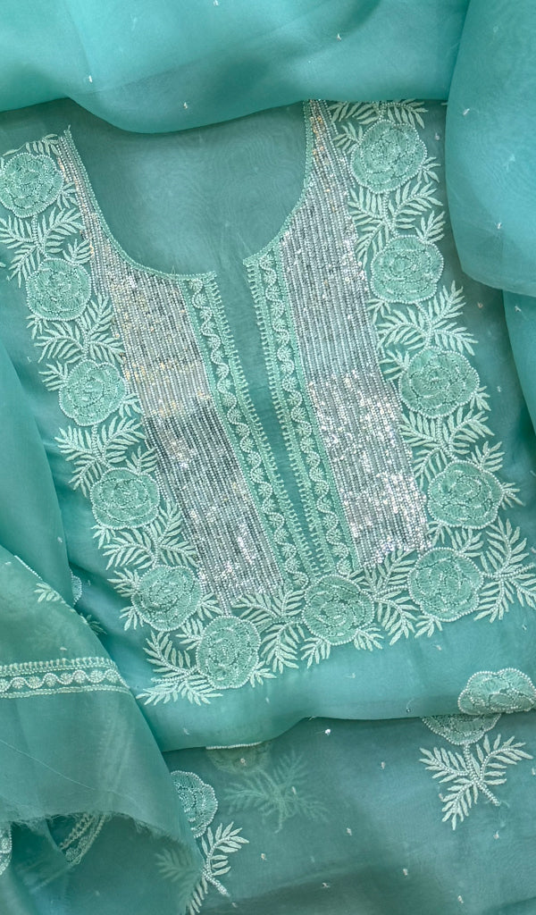 Rose Women's Lakhnavi Handcrafted Pure Organza Chikankari Unstitched Kurta And Dupatta Set- HONC0228072