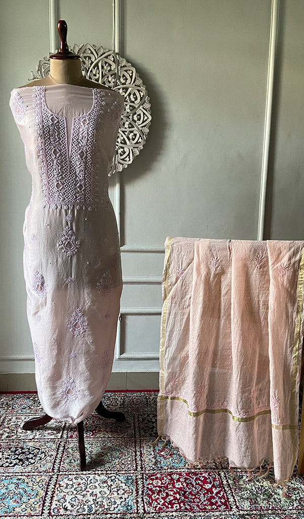 Women's Lakhnavi Handcrafted Mul Chanderi Unstitched Chikankari Full Suit Material - HONC0298570