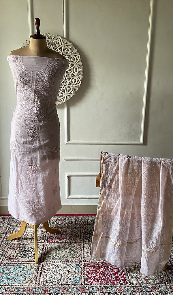Pure Mul Chanderi Chikankari 3 Pc Unstitched Suit Set