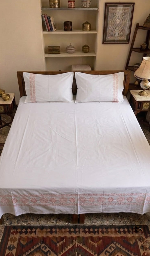 Lakhnavi Handcrafted Cotton Chikankari Bedsheet Set - HONC0364220