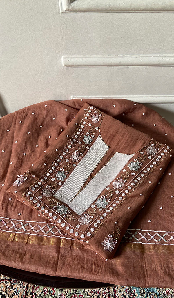Nitara Women's Lakhnavi Handcrafted Mul Chanderi Unstitched Chikankari Full Suit - HONC0362601