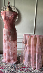 将图像加载到图库查看器中， Women's Lakhnavi Handcrafted Pure Organza Chikankari Unstitched Kurta And Dupatta Set- HONC0333539