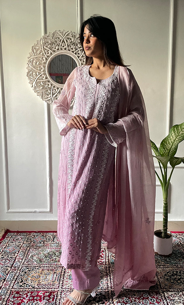 Saziya Women's Lakhnavi Handcrafted Mul Chanderi Chikankari Stitched Kurta, Dupatta And Pant Set - HONC0321277