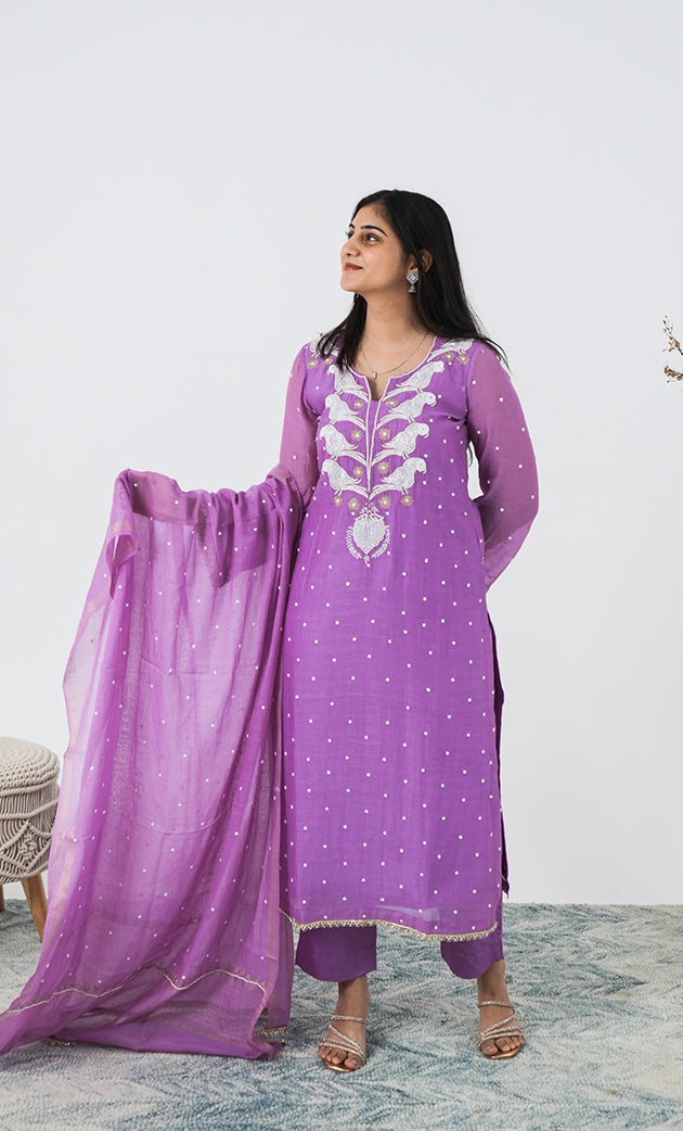 Women's Lakhnavi Handcrafted Mul Chanderi Chikankari Stitched Kurta, Dupatta And Pant Set - HONC03207270