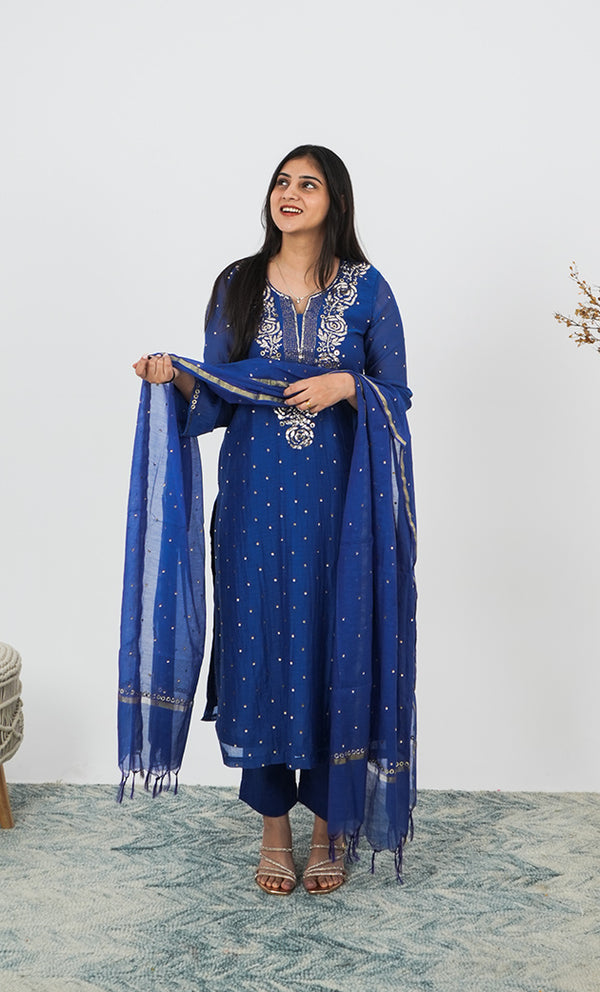 Shanaya Women's Lakhnavi Handcrafted Mul Chanderi Chikankari Stitched Kurta, Dupatta And Pant Set - HONC0322417
