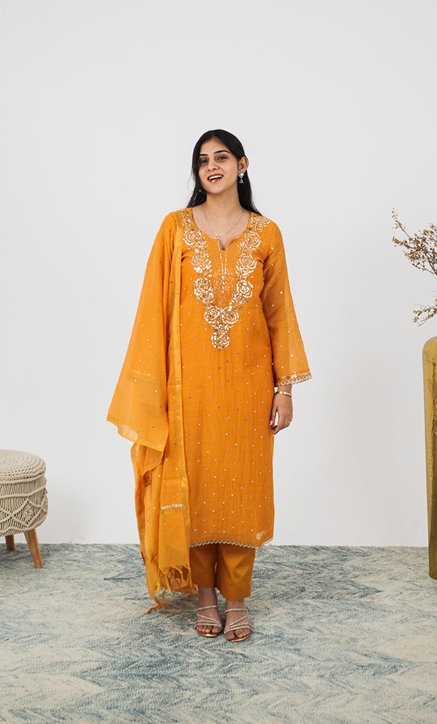 Shanaya Women's Lakhnavi Handcrafted Mul Chanderi Chikankari Stitched Kurta, Dupatta And Pant Set - HONC0322418