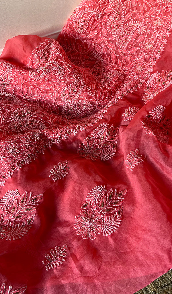 Women's Lakhnavi Handcrafted Organza Chikankari Unstitched Kurti Fabric - NC026663