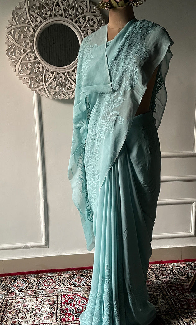 Women's Lakhnavi Handcrafted Viscose Georgette Chikankari Saree - HONC0297220